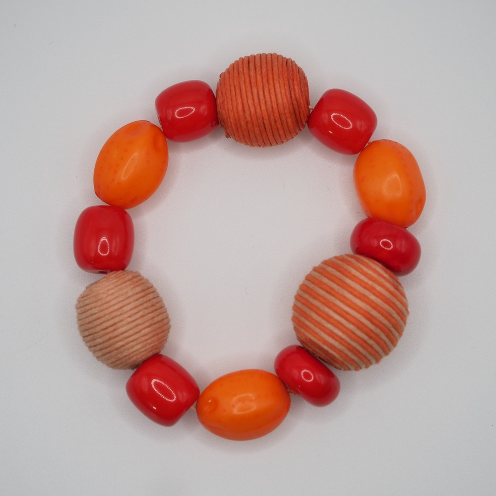 Artisan Bracelet Red Orange Bubble Bead Stretch Chunky String Textured Statement